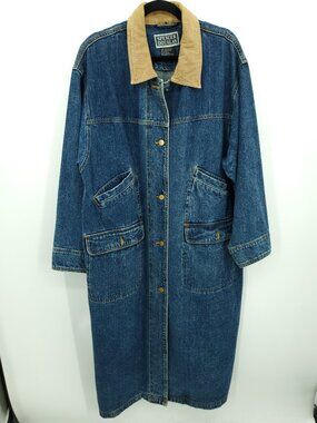 Vintage Spencer Douglas Denim Duster/Chore Coat with Corduroy Collar M Blue/Tan
